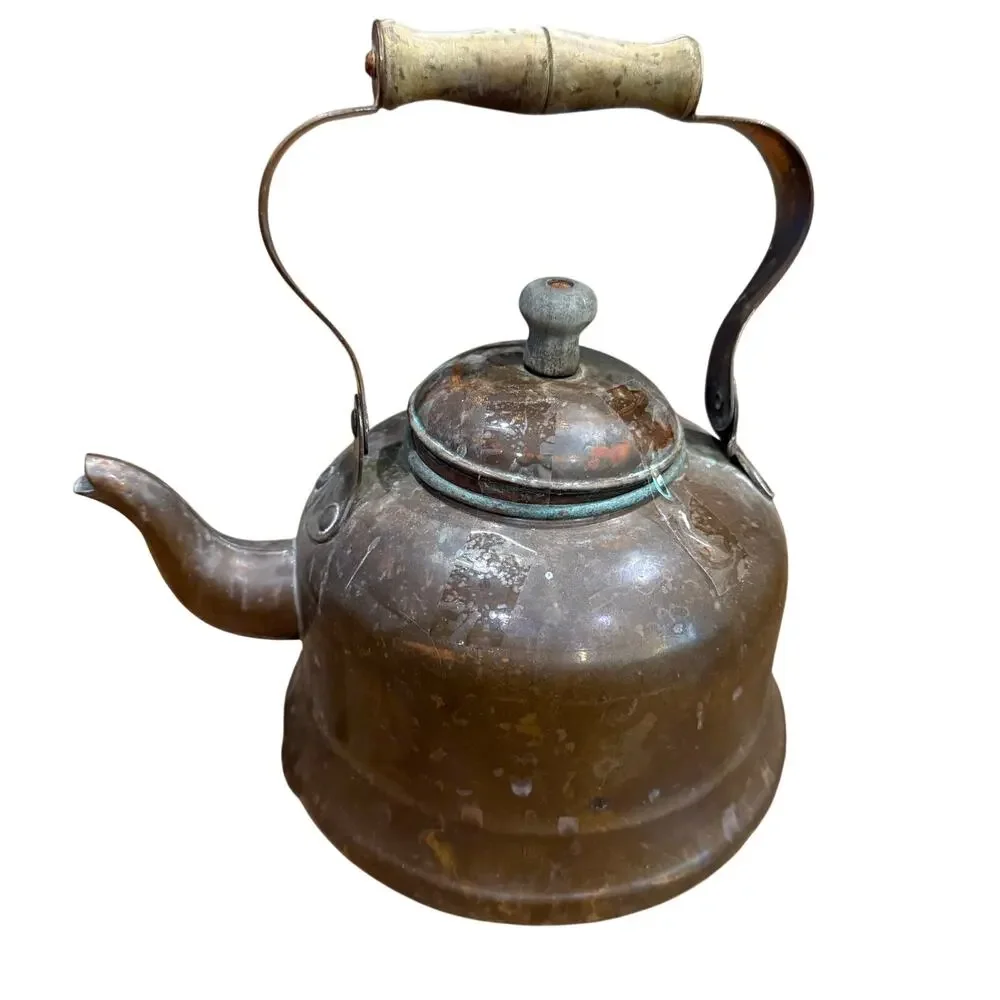 Vintage ODI Portugal Copper Tea Pot Kettle With Wooden Wood Handle & Lid Knob